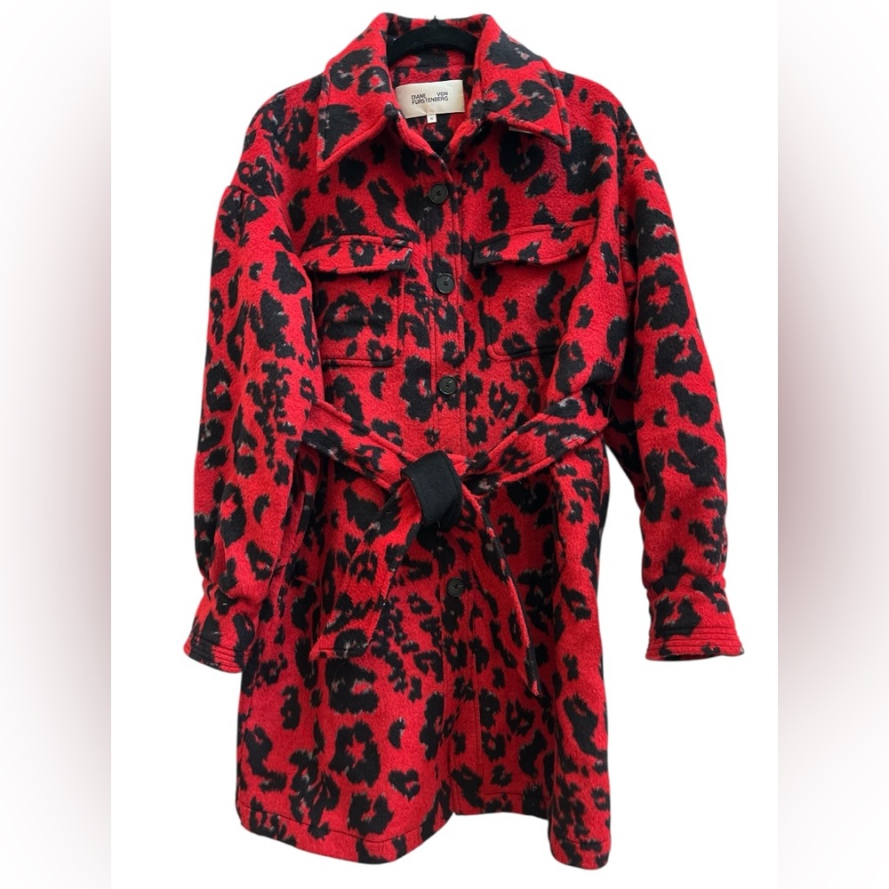 Diane von Furstenberg Red Leopard Wool Blend Belted Coat Jacket M - Picture 2 of 8